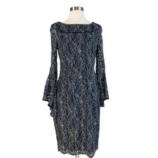 XSCAPE Women's Cocktail Dress Size 6 Blue Metallic Lace Long Sleeve Sheath