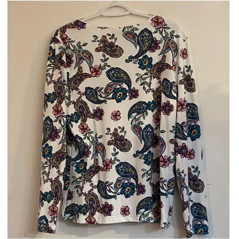 Womens Paisley Print Long Sleeve Top L Soft Casual Blouse Cream Multicolor - Image 4 of 4