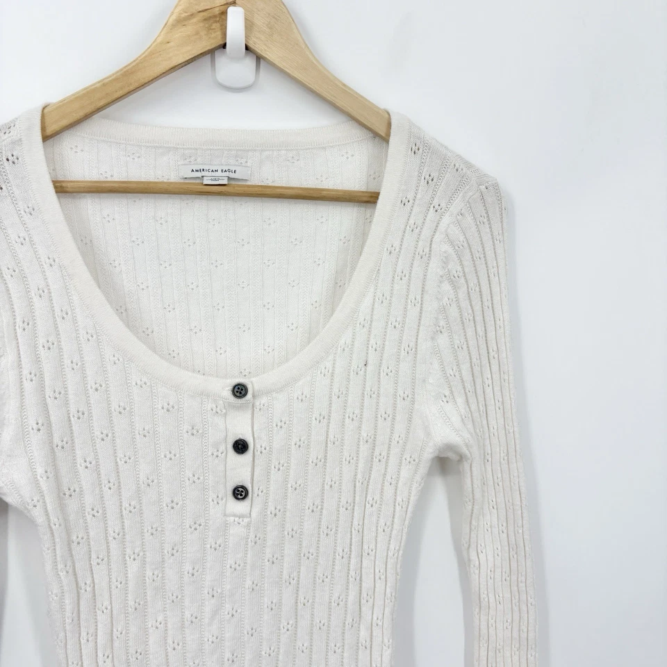 American Eagle Henley Top Large Bella Elena Ribbed Pointelle Coquette Dainty - Image 3 of 4