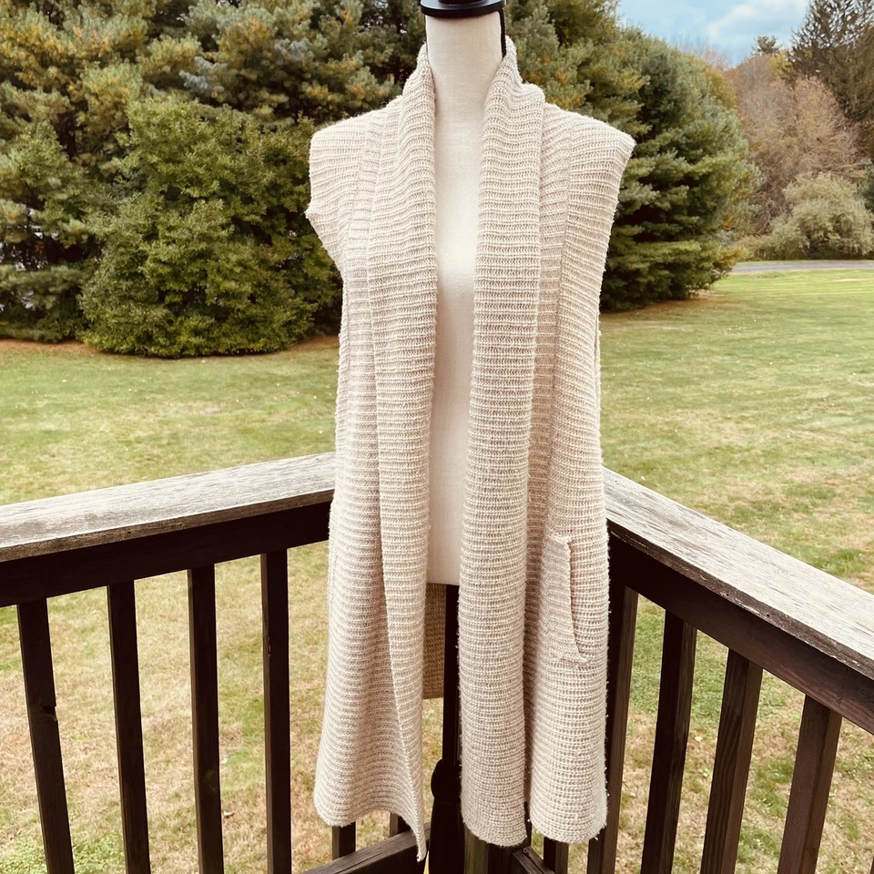 MICHAEL STARS Duster Cardigan Sweater Vest Long Open Front Ribbed Pockets Cream - Image 4 of 4