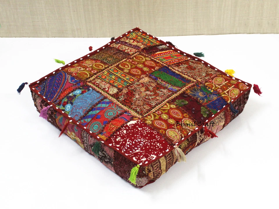 Indian Handmade Cotton Square Floor Decorative Patchwork Cushion Cover Burgundy - Image 3 of 4