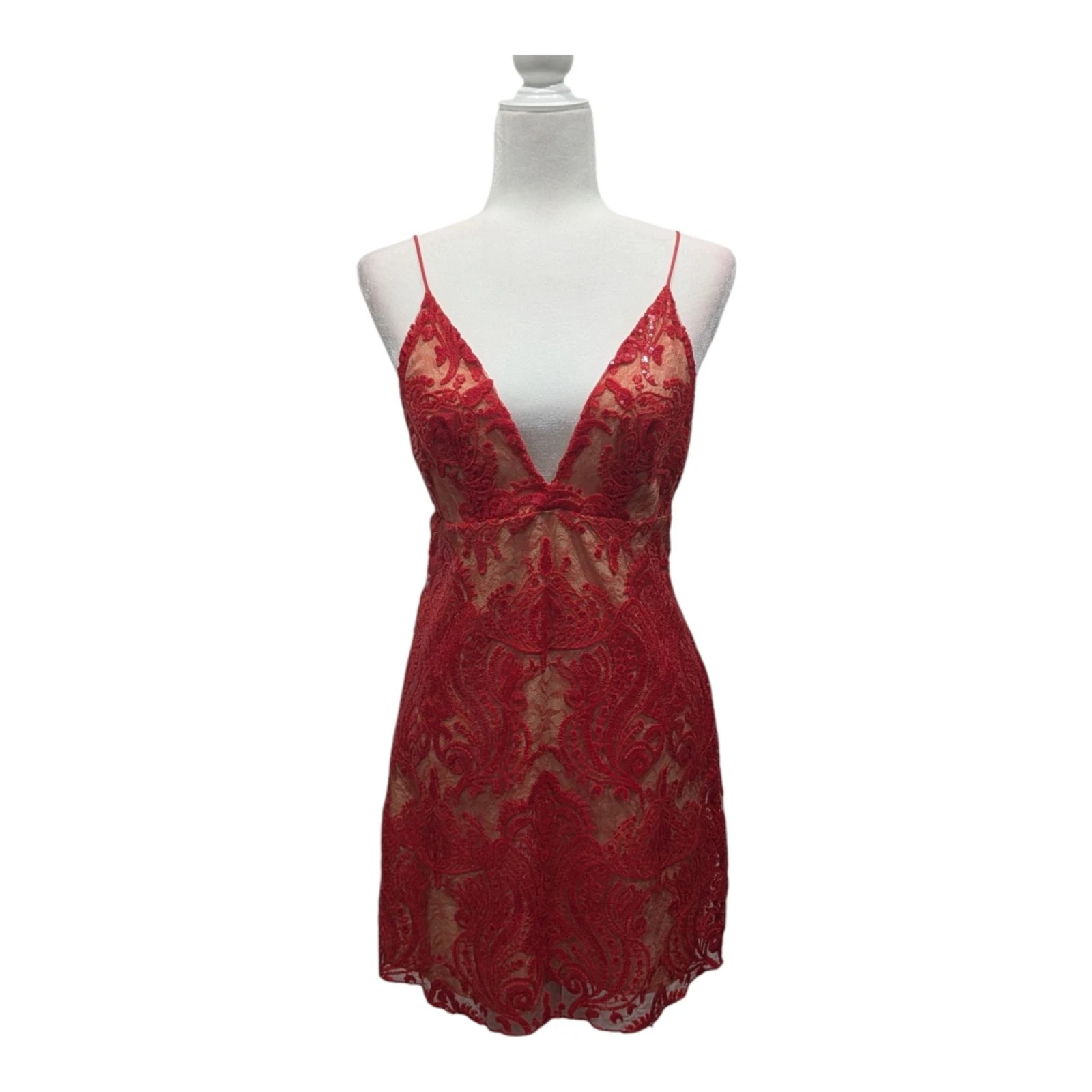 Nuovo! Free People Night Shimmers Mini Abito Babydoll San Valentino in Pizzo Trasparente Rosso 4