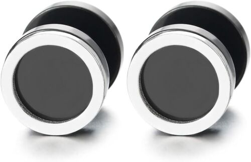 Men Women Silver Black Circle Stud Earrings, Steel Cheater Fake Ear Plugs Gauges