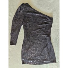 Zara Women's Sequin One Shoulder Asymmetric Bodycon Mini Dress Size M Black