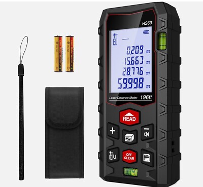 Laser Measure 196Ft, Class II Laser Distance Meter 60M(M/In/F) w 2 Bubble Levels