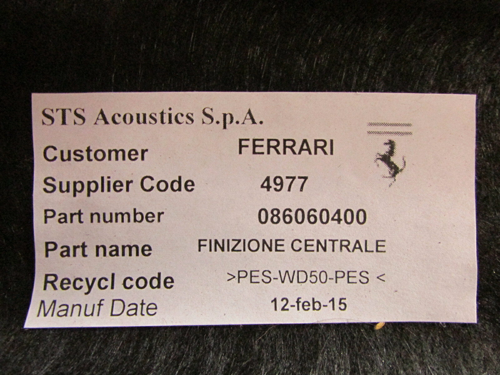 Ferrari California, Front Upper Trunk Carpet Panel, Black, Used, P/N 86060400