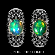 925 Sterling Silver Earrings Oval Fire Opal 9x7mm Black Spinel Gemstone Jewelry