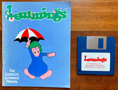 rare Lemmings 3½ inch floppy disc PC Game Psygnosis 1991 + 20 page manual Tandy