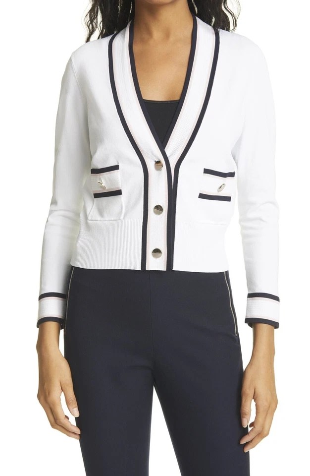 Suéter Top TED BAKER Blanco Azul Marino Rosa Cuello en V Novio Abotonado 4 TB = 12 US L Foto 4 de 4