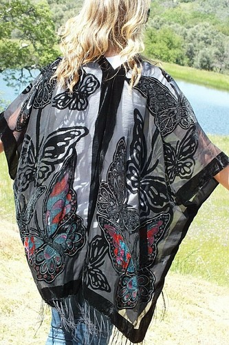 Black Velvet Burnout Fabric Butterflies Print Kimono Duster Top SML Plus Size - Picture 4 of 4