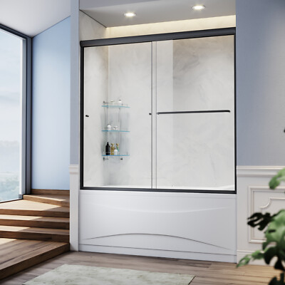SUNNY SHOWER Sliding Shower Tub Door 58.5-60'' W x 57'' H Black Finish 1/4'' Glass