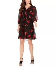 NEW! Calvin Klein Women's 6 V-Neck 3/4 Ruffle Sleeve Floral Chiffon Dress
