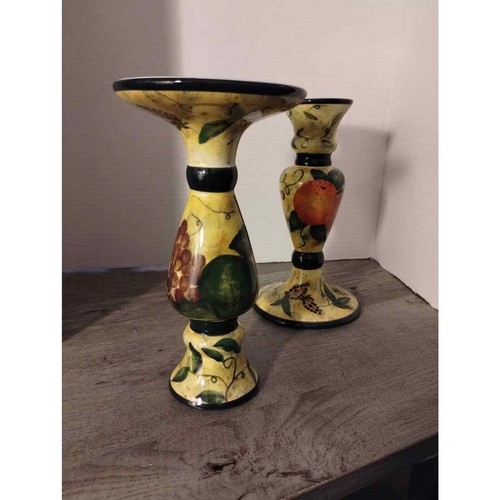 2002 Earthenware Lang 8 3/4" Candlestick Pair Susan Winget "Fruitful Bounty" - Picture 7 of 10