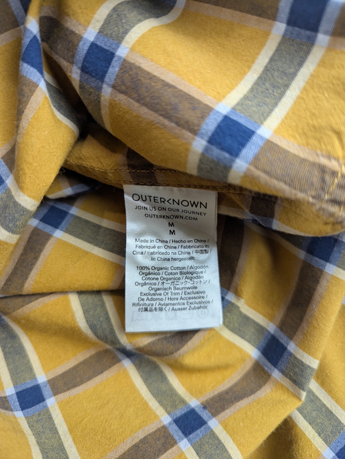 OUTERKNOWN Organic Cotton Shirt Men M Burnt Yellow Plaid Lightweight Long Sleeve