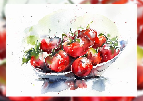 Juicy Red Tomatoes 5"x7" Print on Matte Paper | Rustic Kitchen Watercolor - Picture 6 of 17