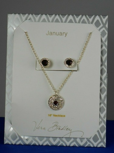 Vera Bradley Silver JANUARY BIRTHSTONE Faux Ruby Necklace Stud Earrings Set