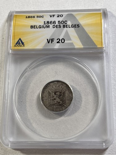 1866 Belgium 50 Centimes Silver Coin Graded VF 20 by ANACS French Version - Picture 2 of 4