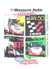 VINTAGE UNIQUE 1995 WESTERN AUTO NATIONALS USED MENS GARAGE RACE T-SHIRT SLICK50
