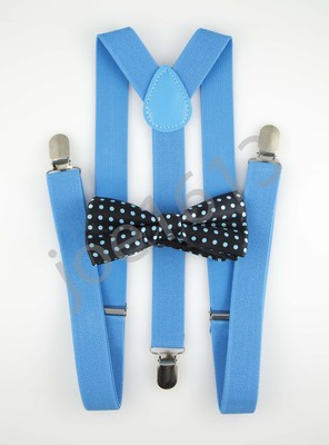 light blue suspenders and bow tie