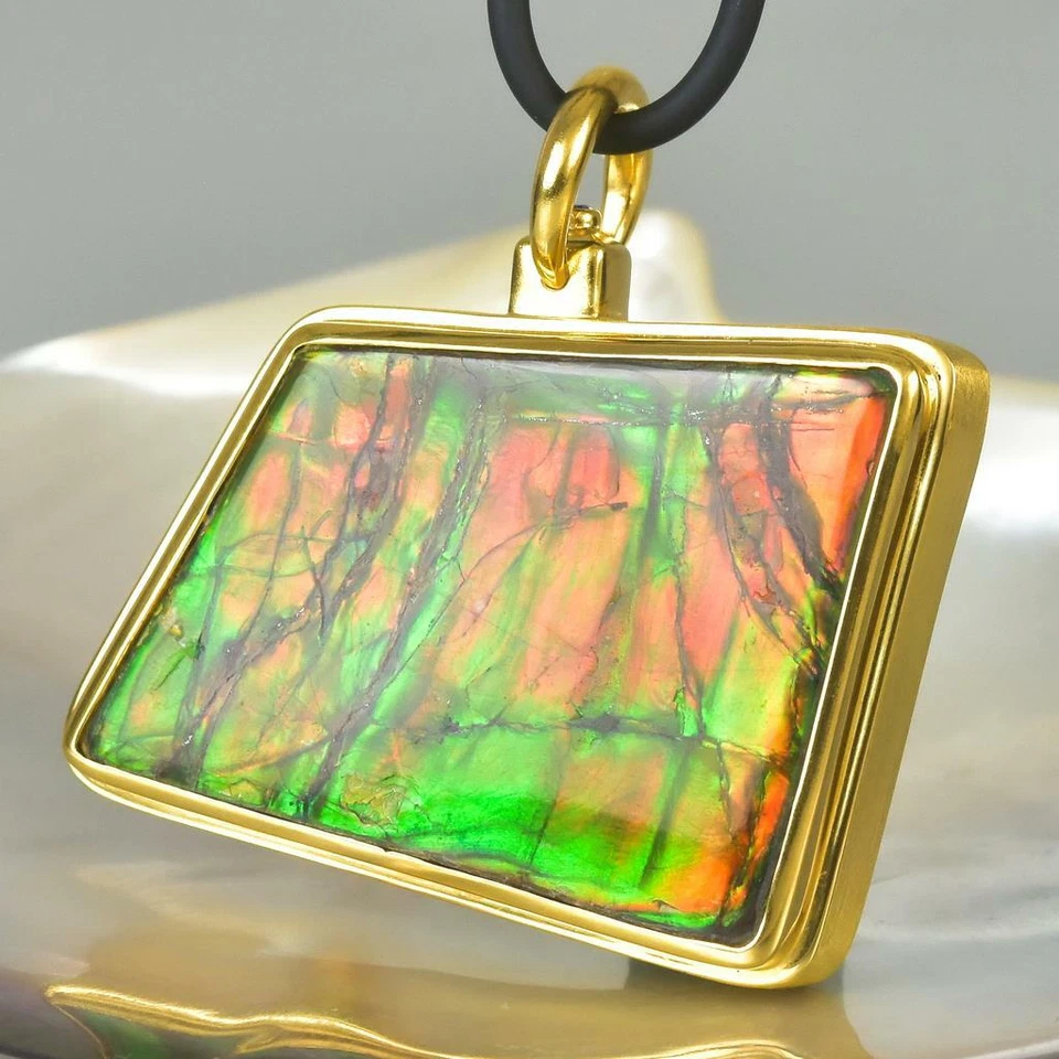 Colgante de oro de 18 quilates Vermeil de ley RARO amonita ammolita y zafiro azul 28,79 g Foto 3 de 4