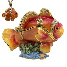 Bejeweled Enameled Pewter Clown Fish Trinket Box With Necklace 3" Long New!