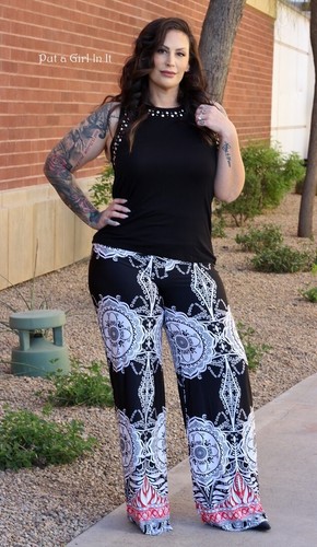 New J UP PLUS SIZE Womens BLACK WHITE TALL MEDALLION BOHO PALAZZO PANTS 1X 2X 3X - Picture 6 of 7