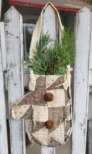 Primitive Mitten Antique Quilt Handmade Ornament Pine Berries Christmas-C