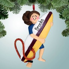 Personalized Surfer Female Carrying Board - Brown Hair Christmas Ornament