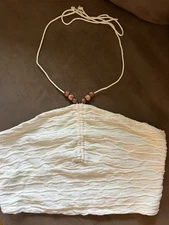 SHEIN Bubble Halter Top Sz L Wood Bead Tie