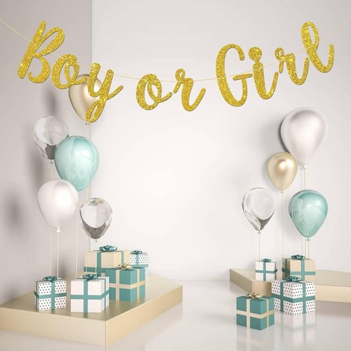 Boy Or Girl Banner Gender Reveal Party Hung Bunting Pregnancy Announcement Gold - Picture 6 of 6