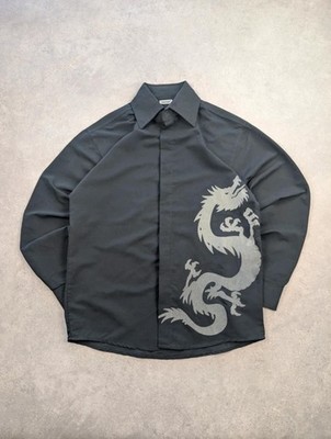 Y2K Hemd Herren Medium Schwarz Tribal Dragon Langarm Grafik Knopfleiste Identisch