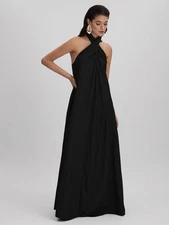 REISS Phoebe Taffeta Halter Neck Maxi Dress in Black UK Size 10