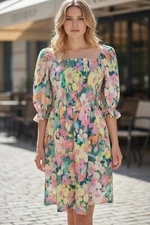 GAP Floral Smocked Dress Medium Linen Cotton Puff Sleeve Colorful Party Cottage