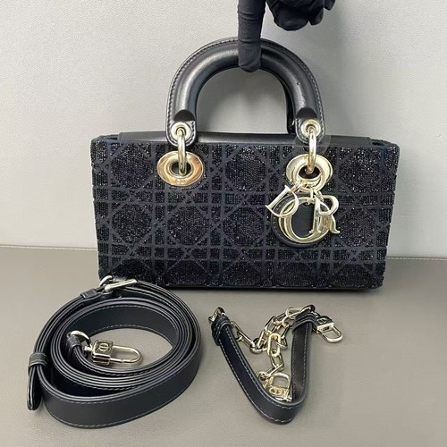 Christian Dior Lady D-Joy Black Leather Rhinestone Cannage Auth euc Duty Paid