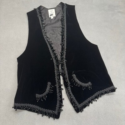 Max Mabel Velvet Boho Witchy Whimsigoth Vest Womens M Black Beaded Rayon Silk