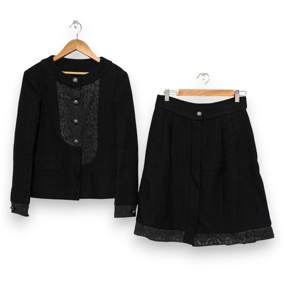 CHANEL Lace Collarless Jacket and Skirt Matching Set Size 40 Black Women USED