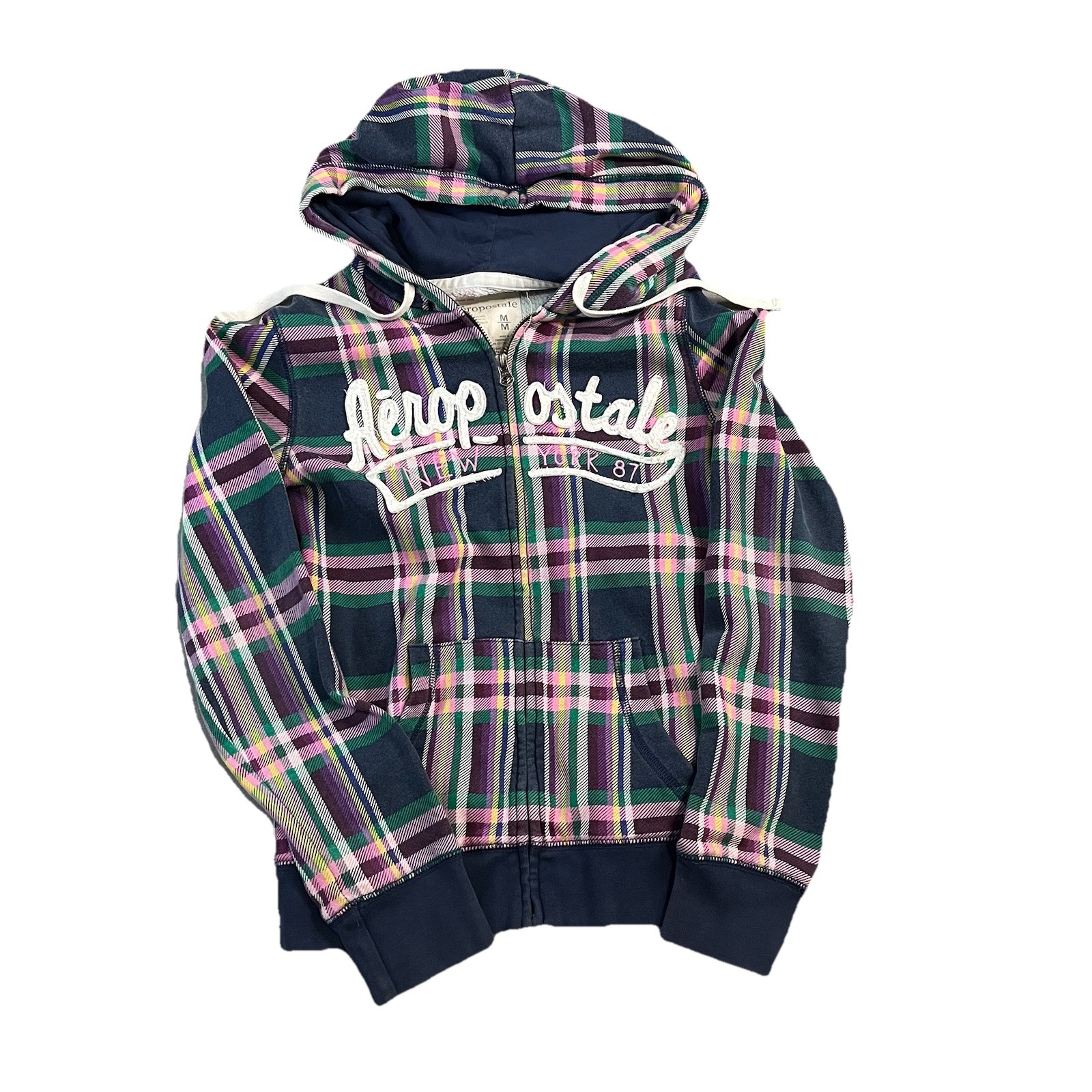 Aeropostale Vintage Plaid Zip Up Hoodie Sweater Blue Pink Spellout Logo Womens M