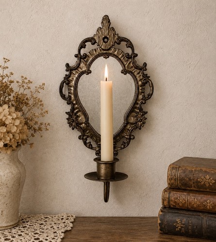Ornate Antique Gold Metal & Glass Baroque Style Mirrored Wall Sconce 10”