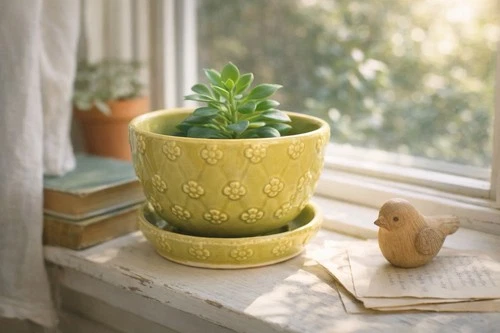 Vintage Shawnee USA Pottery Planter Green Yellow Floral Bowl w Saucer Quilted