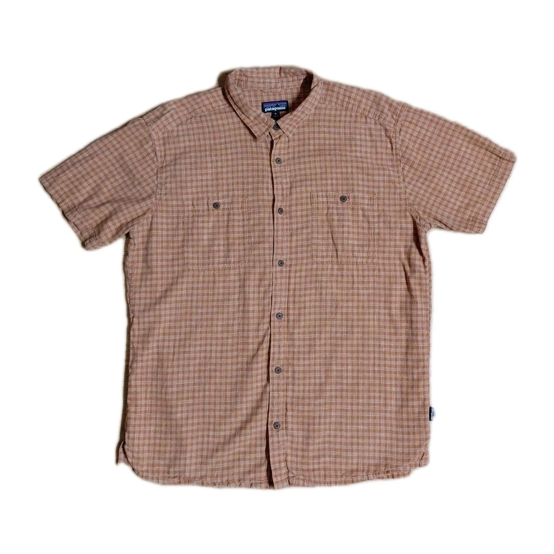 Patagonia Back Step Shirt Mens XL Orange Plaid Hemp Organic Cotton Short Sleeve