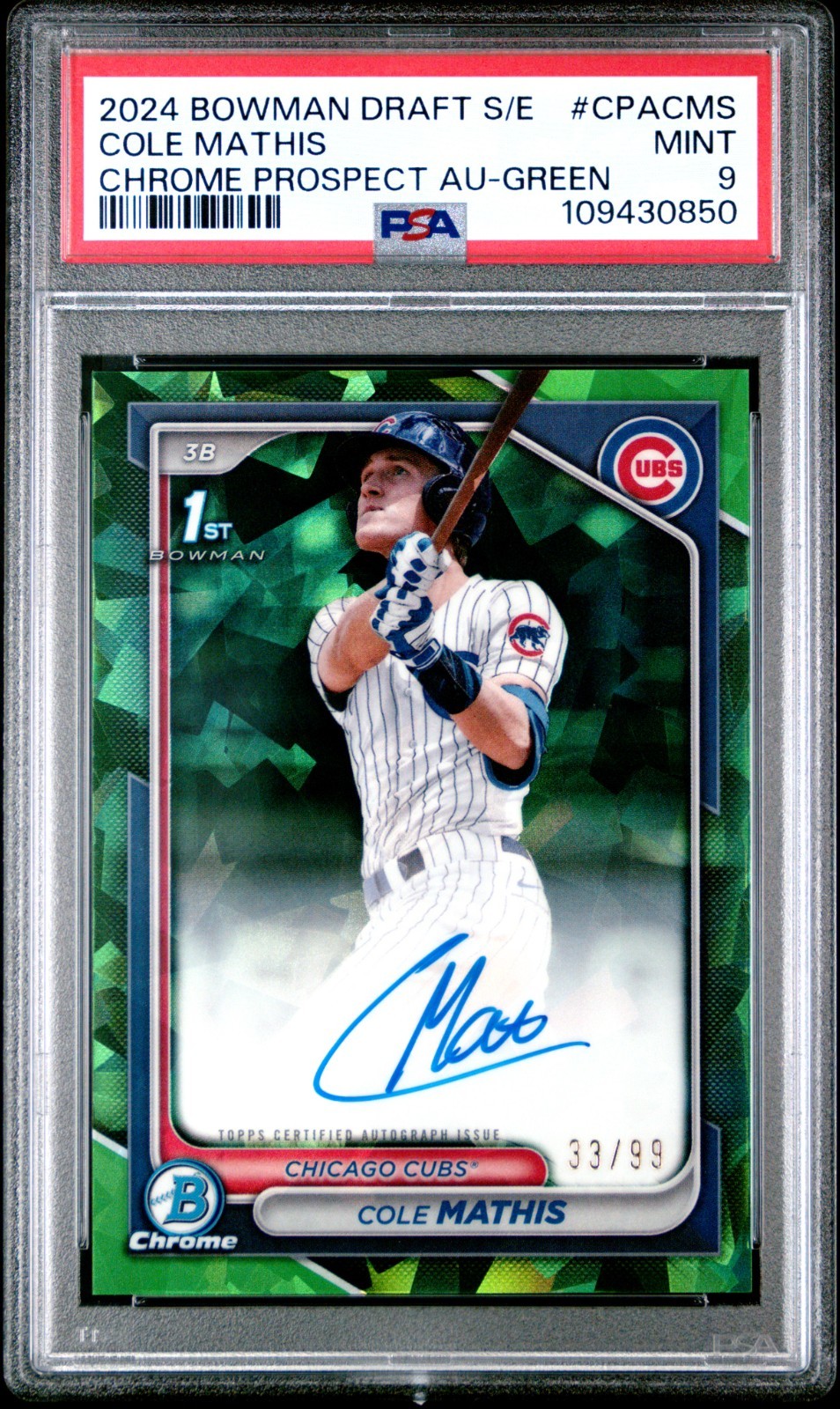 2024 Bowman Draft Sapphire Cole Mathis 1st Chrome Autograph Green /99 PSA 9