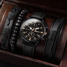 4PCS Men's Business Quartz Watch Set Leather Band Bracelet Gift Set