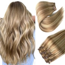 7pcs 18" Clip In Remy Real Human Hair Extensions Light Golden Blonde Highlights