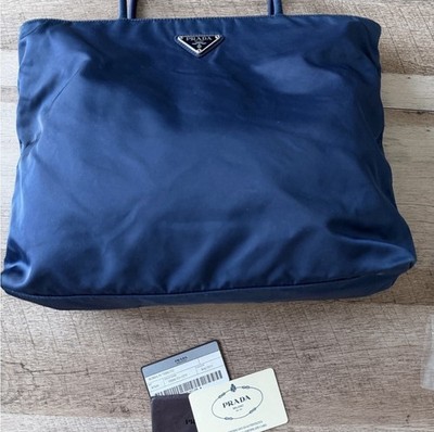 PRADA Tessuto Navy Blue Tote Bag with Logo Accents, Zip Closure