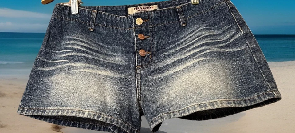 Pantalones Cortos Paris Azul 11 Botones Mosca Denim Boho Jeans De Colección Y2K Años 90 Bigotes Caderas Foto 2 de 4