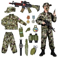Boys Army Soldier Costume Set - 14 PCS Kids Halloween Outfit, Military Dress Up