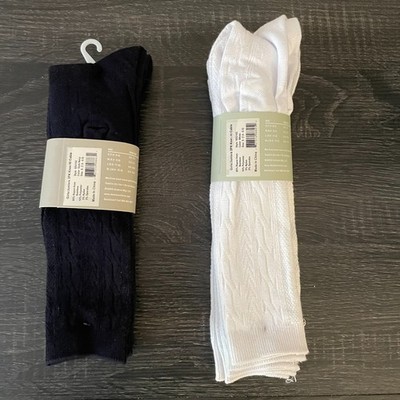 2 Packs of Girl's Knee-High Knit School Socks White & Navy Youth Sz: S 7.0 -8.5