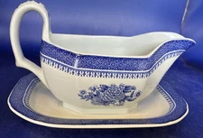 Copeland Spode Blue Fitzhugh Gravy Boat With Attached Underplate