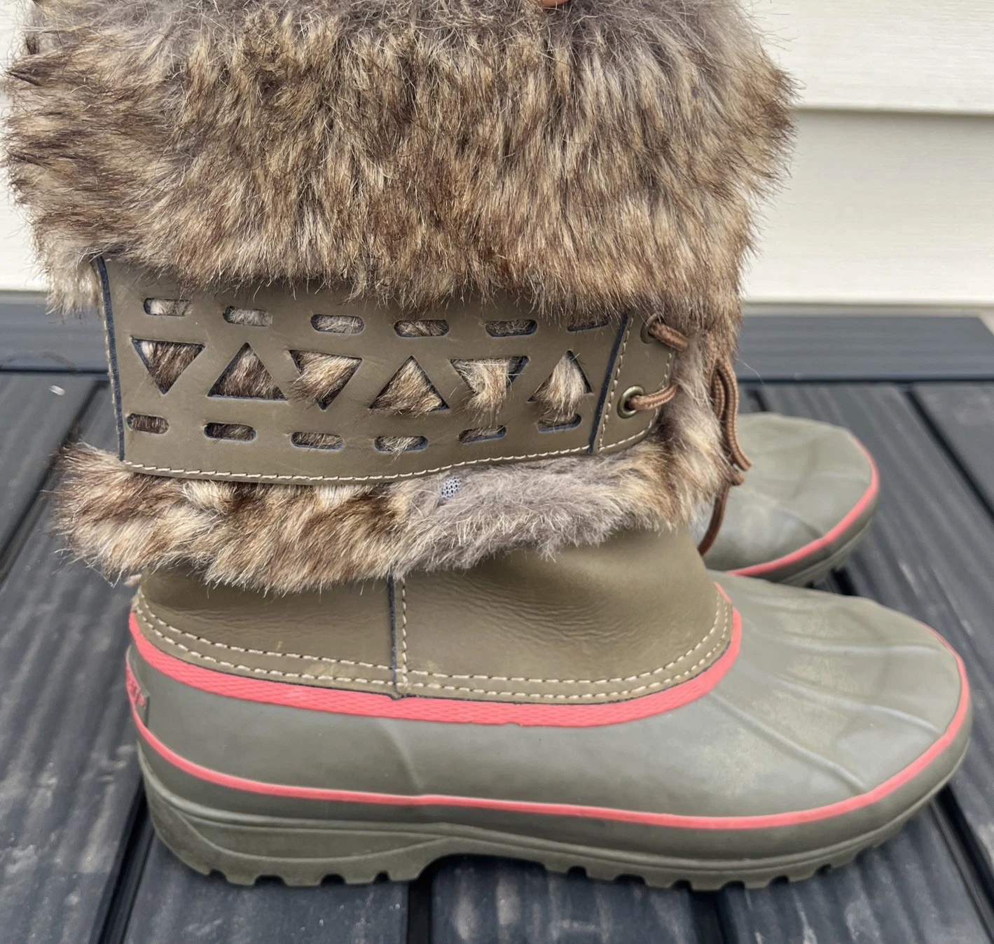 Khombu Nola Snow Winter Leather Faux Fur Brown Pink Lace Up Boots WOMENS SIZE 6M