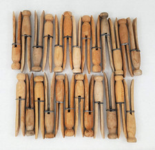 25 Vintage Wooden Clothes Pins Round Head Flat Top W/ Metal Wire - Nice Patina